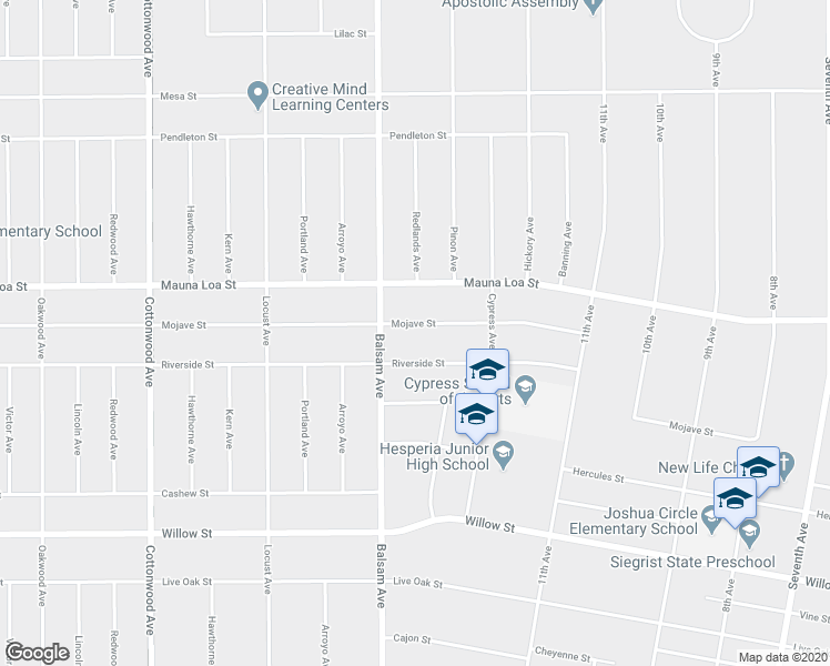 map of restaurants, bars, coffee shops, grocery stores, and more near 15359 Mojave Street in Hesperia