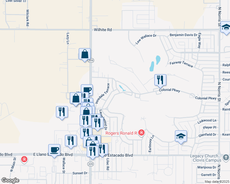 map of restaurants, bars, coffee shops, grocery stores, and more near 1206 Colonial Parkway in Clovis