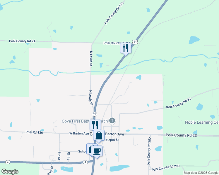 map of restaurants, bars, coffee shops, grocery stores, and more near 5666 U.S. 59 in Cove
