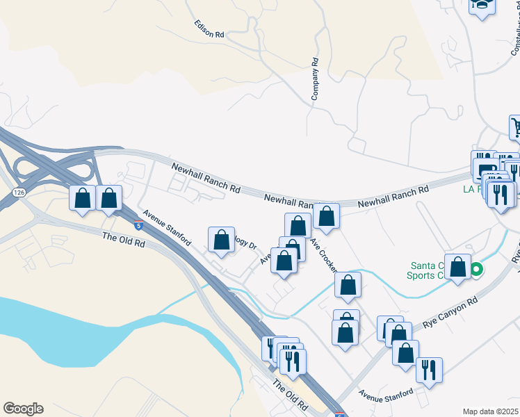 map of restaurants, bars, coffee shops, grocery stores, and more near 28650 Newhall Ranch Road in Santa Clarita