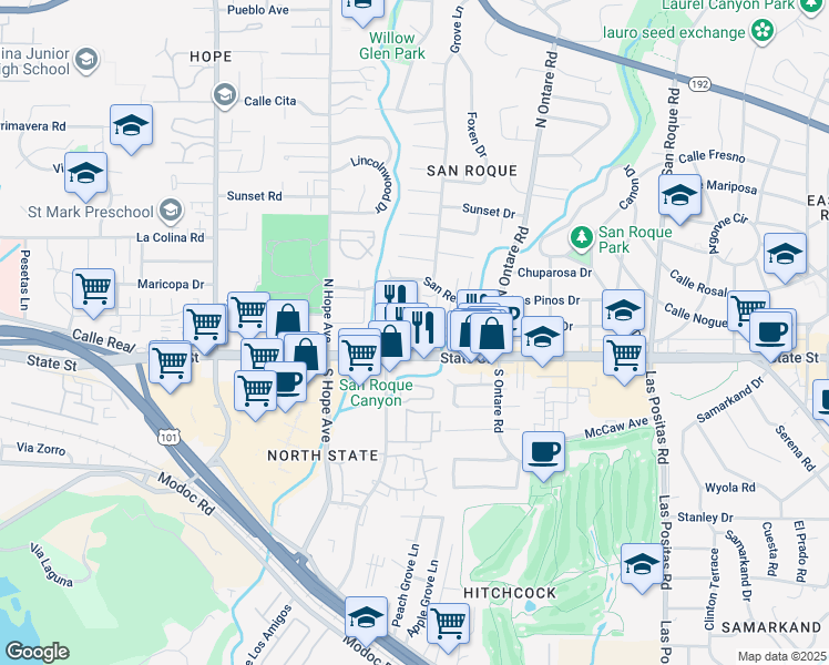 map of restaurants, bars, coffee shops, grocery stores, and more near 3722 State Street in Santa Barbara