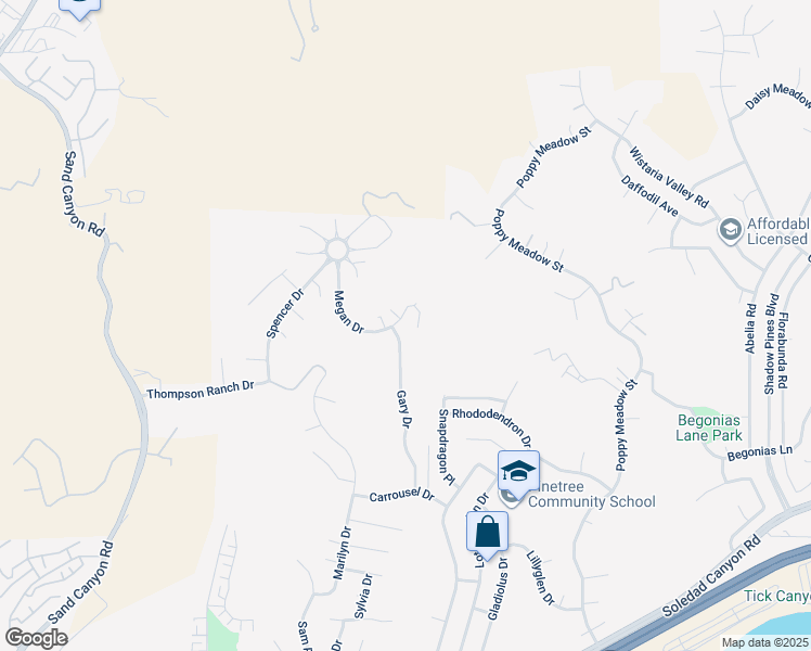 map of restaurants, bars, coffee shops, grocery stores, and more near 15520 Megan Drive in Santa Clarita