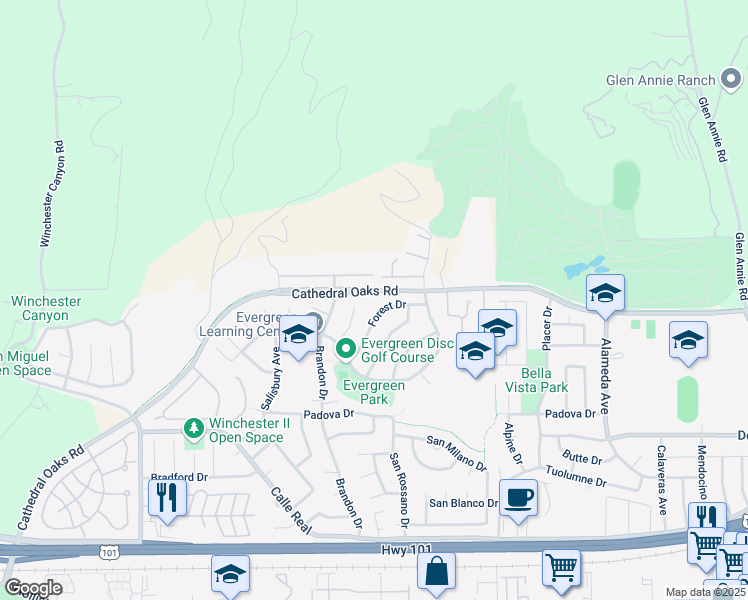 map of restaurants, bars, coffee shops, grocery stores, and more near 259 Forest Drive in Goleta