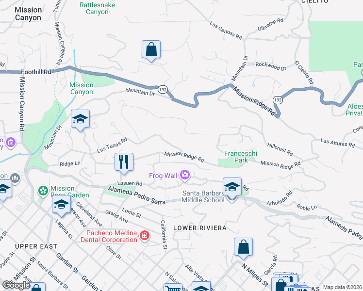 map of restaurants, bars, coffee shops, grocery stores, and more near 1816 East Las Tunas Road in Santa Barbara