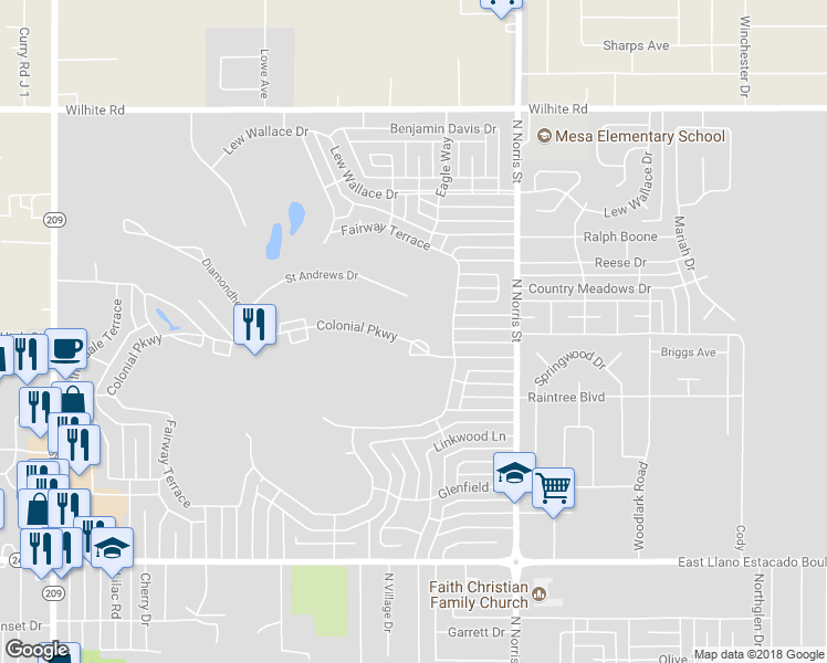 map of restaurants, bars, coffee shops, grocery stores, and more near 1808 Colonial Parkway in Clovis