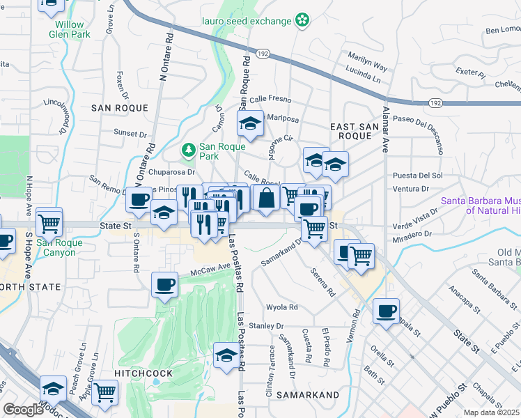 map of restaurants, bars, coffee shops, grocery stores, and more near 37 Calle Alamo in Santa Barbara