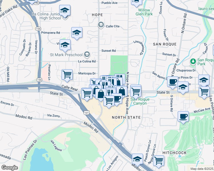 map of restaurants, bars, coffee shops, grocery stores, and more near 3880 State Street in Santa Barbara