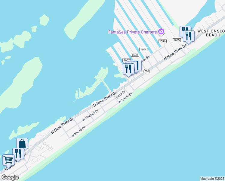 map of restaurants, bars, coffee shops, grocery stores, and more near 1507 North New River Drive in Surf City