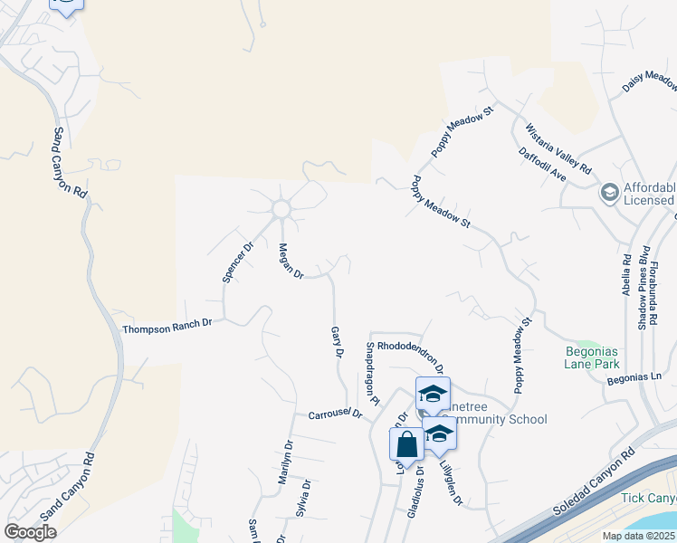 map of restaurants, bars, coffee shops, grocery stores, and more near 15520 Megan Drive in Santa Clarita