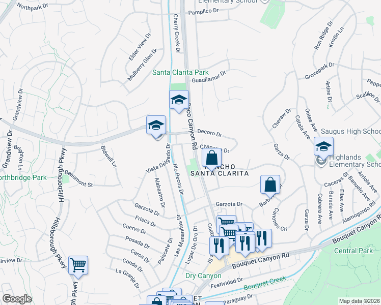 map of restaurants, bars, coffee shops, grocery stores, and more near 27131 Rio Bosque Drive in Santa Clarita