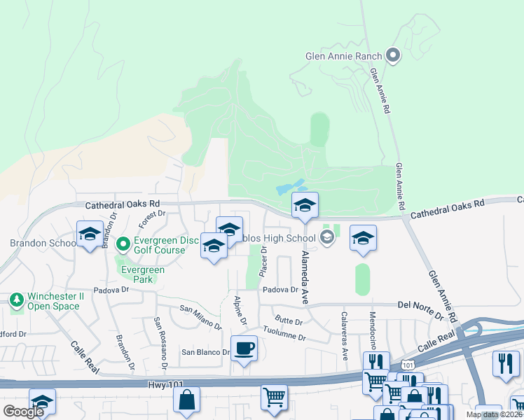 map of restaurants, bars, coffee shops, grocery stores, and more near 291 Placer Drive in Goleta