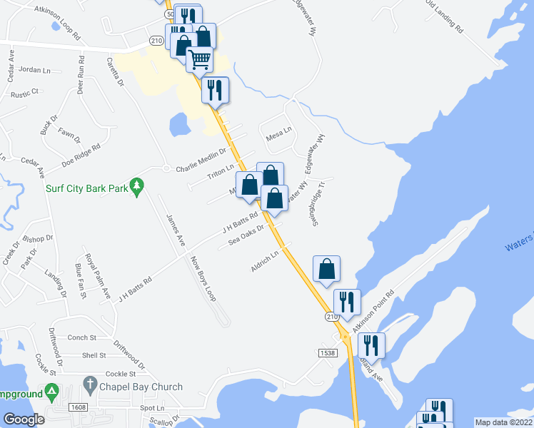 map of restaurants, bars, coffee shops, grocery stores, and more near Roland Ave in Surf City