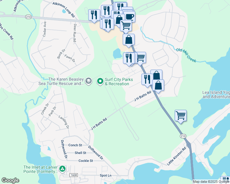 map of restaurants, bars, coffee shops, grocery stores, and more near 123 James Avenue in Surf City