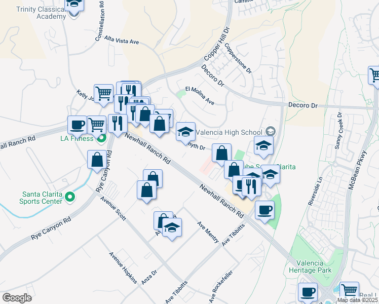 map of restaurants, bars, coffee shops, grocery stores, and more near 27919 Smyth Drive in Santa Clarita