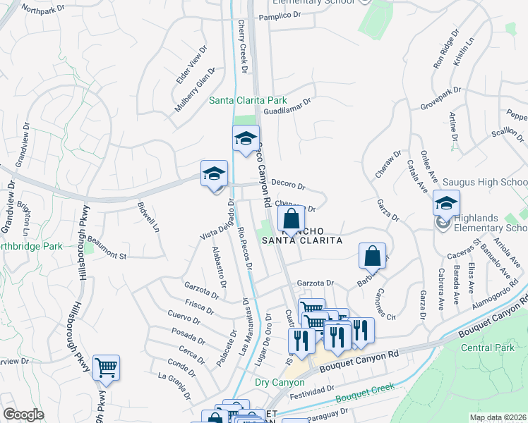 map of restaurants, bars, coffee shops, grocery stores, and more near 27131 Rio Bosque Drive in Santa Clarita