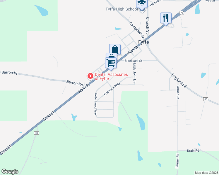 map of restaurants, bars, coffee shops, grocery stores, and more near 92 Sherwood Boulevard in Fyffe