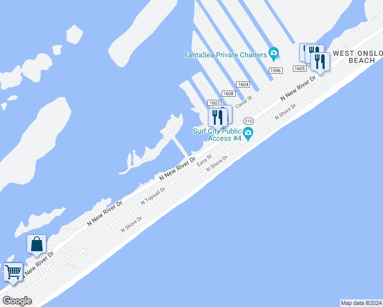 map of restaurants, bars, coffee shops, grocery stores, and more near 1505 North New River Drive in Surf City