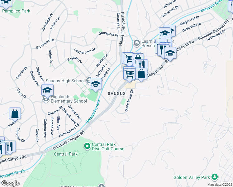 map of restaurants, bars, coffee shops, grocery stores, and more near 29021 Bouquet Canyon Road in Santa Clarita