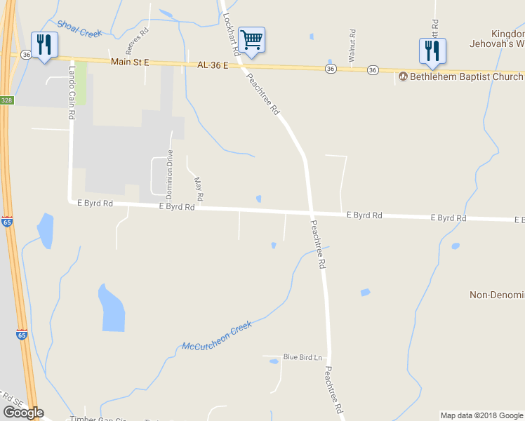 map of restaurants, bars, coffee shops, grocery stores, and more near 313 East Byrd Road in Hartselle
