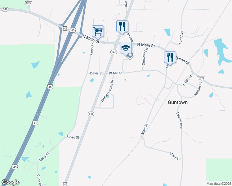 map of restaurants, bars, coffee shops, grocery stores, and more near 106 Grove Circle in Guntown
