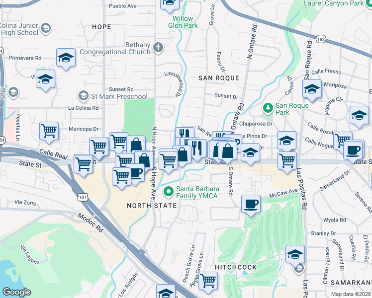 map of restaurants, bars, coffee shops, grocery stores, and more near 3722 State Street in Santa Barbara