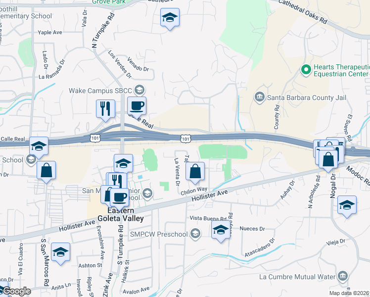 map of restaurants, bars, coffee shops, grocery stores, and more near 4676 Tajo Drive in Santa Barbara