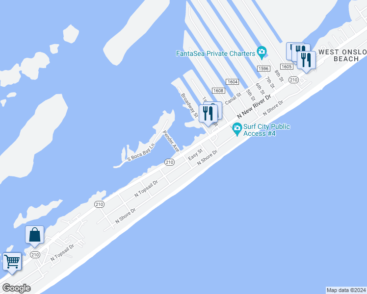 map of restaurants, bars, coffee shops, grocery stores, and more near 1505 North New River Drive in Surf City