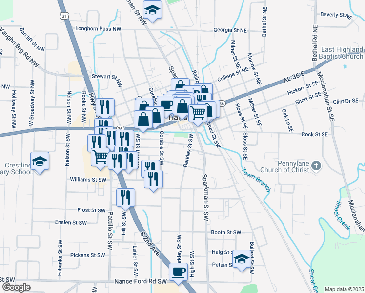 map of restaurants, bars, coffee shops, grocery stores, and more near 302 Woodall Street in Hartselle