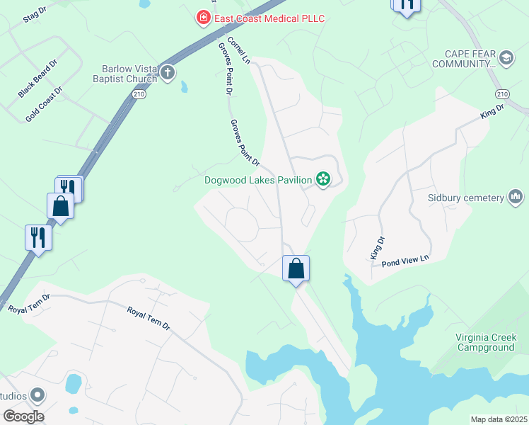 map of restaurants, bars, coffee shops, grocery stores, and more near 180 Quails Cove in Hampstead