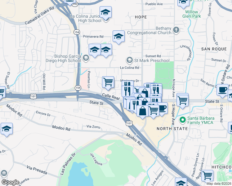 map of restaurants, bars, coffee shops, grocery stores, and more near 3999 Via Lucero in Santa Barbara