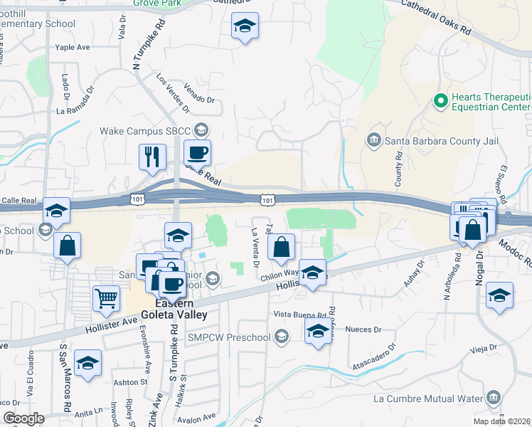map of restaurants, bars, coffee shops, grocery stores, and more near 4676 Tajo Drive in Santa Barbara