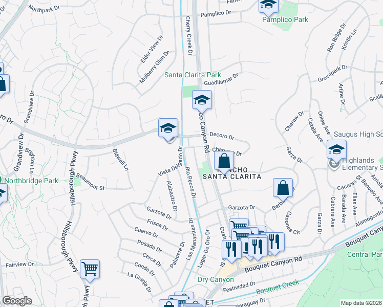 map of restaurants, bars, coffee shops, grocery stores, and more near 27150 Rio Pecos Drive in Santa Clarita