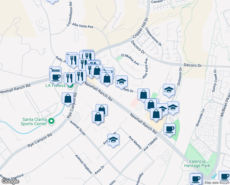 map of restaurants, bars, coffee shops, grocery stores, and more near 27947 Smyth Drive in Santa Clarita
