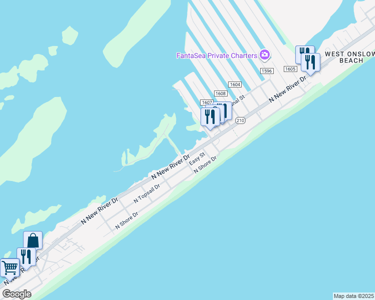 map of restaurants, bars, coffee shops, grocery stores, and more near 1507 North New River Drive in Surf City
