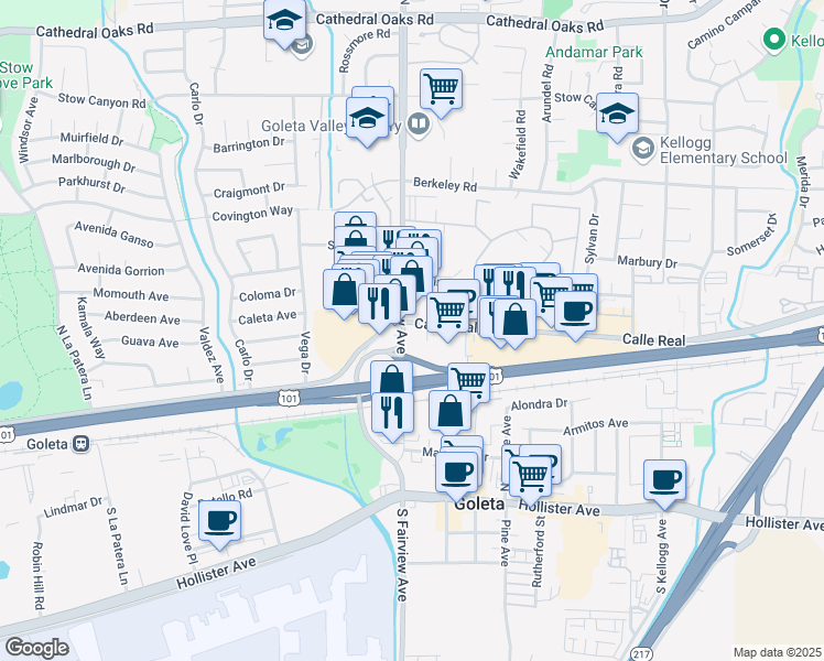 map of restaurants, bars, coffee shops, grocery stores, and more near 52 North Fairview Avenue in Goleta