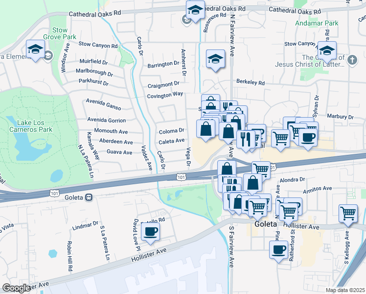map of restaurants, bars, coffee shops, grocery stores, and more near 6160 Verdura Ave in Goleta