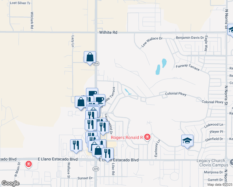 map of restaurants, bars, coffee shops, grocery stores, and more near 315 Innsdale Terrace in Clovis