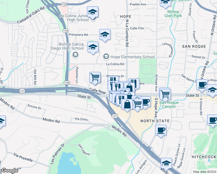 map of restaurants, bars, coffee shops, grocery stores, and more near 3963 Via Lucero in Santa Barbara