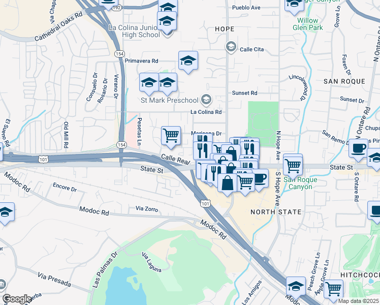 map of restaurants, bars, coffee shops, grocery stores, and more near 3963 Via Lucero in Santa Barbara
