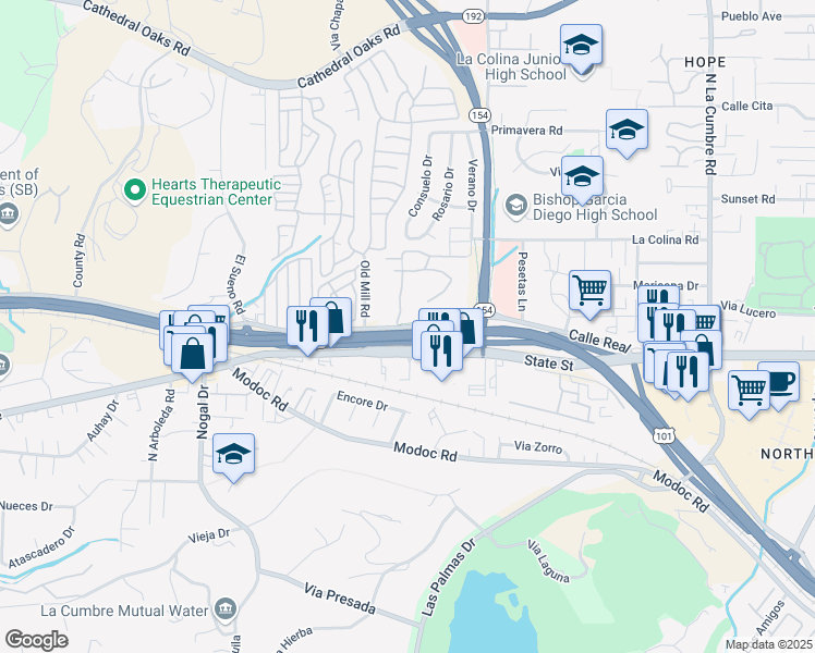 map of restaurants, bars, coffee shops, grocery stores, and more near 300 De Paul Drive in Santa Barbara