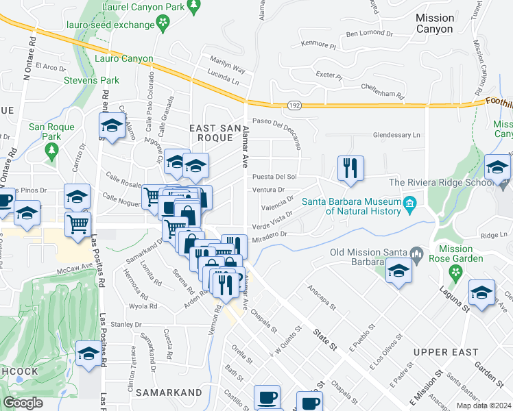map of restaurants, bars, coffee shops, grocery stores, and more near 201 Vernal Avenue in Santa Barbara