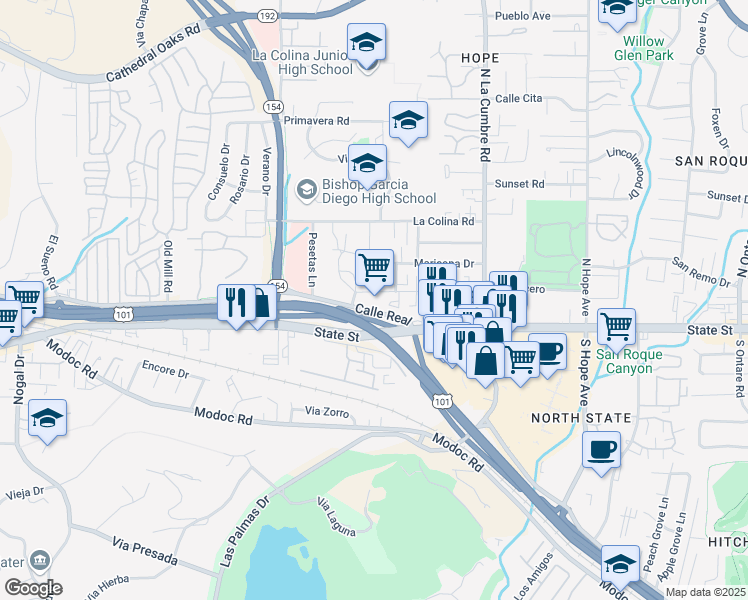 map of restaurants, bars, coffee shops, grocery stores, and more near 4010 Calle Real in Santa Barbara