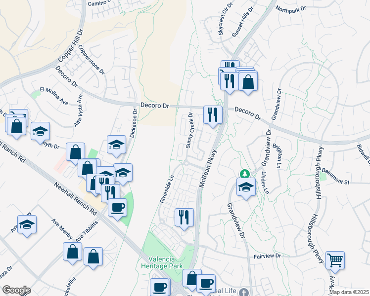 map of restaurants, bars, coffee shops, grocery stores, and more near 27547 Sunny Creek Drive in Santa Clarita