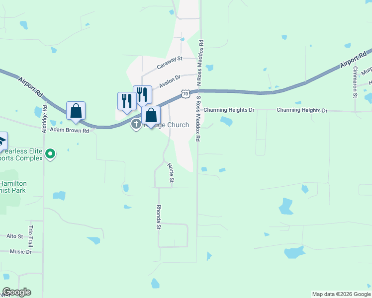 map of restaurants, bars, coffee shops, grocery stores, and more near 214 South Ross Maddox Road in Pearcy