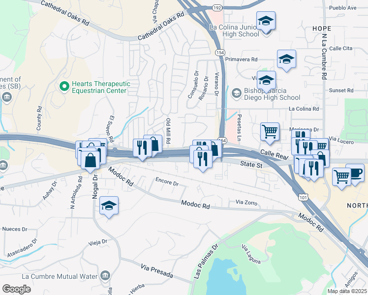 map of restaurants, bars, coffee shops, grocery stores, and more near 300 De Paul Drive in Santa Barbara