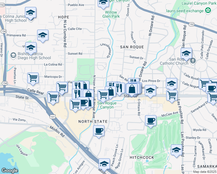 map of restaurants, bars, coffee shops, grocery stores, and more near 3760 State Street in Santa Barbara