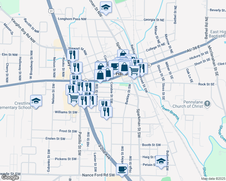 map of restaurants, bars, coffee shops, grocery stores, and more near 202 Corsbie Street Southwest in Hartselle