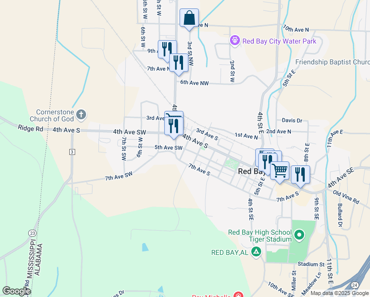 map of restaurants, bars, coffee shops, grocery stores, and more near 300 5th Avenue Southwest in Red Bay