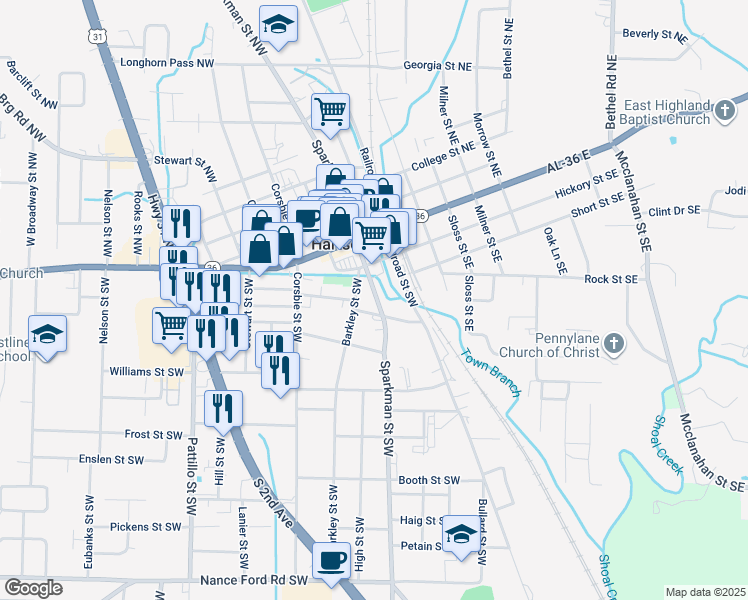 map of restaurants, bars, coffee shops, grocery stores, and more near 525 Sparkman Street Southwest in Hartselle