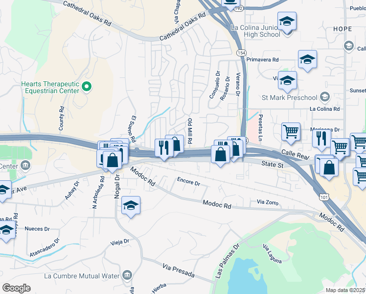 map of restaurants, bars, coffee shops, grocery stores, and more near 4280 Calle Real in Santa Barbara